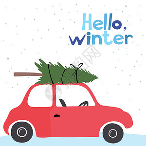 冬季矢量卡上面挂着圣诞树的红色车牌背景图片