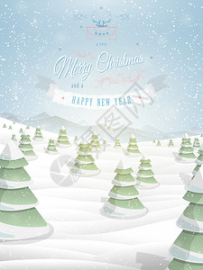圣诞贺卡模板矢量图圣诞快乐和新年快乐问候文本以白雪皑的森林图片