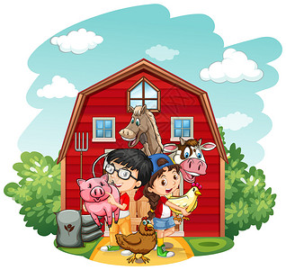 儿童和农场动物插图图片