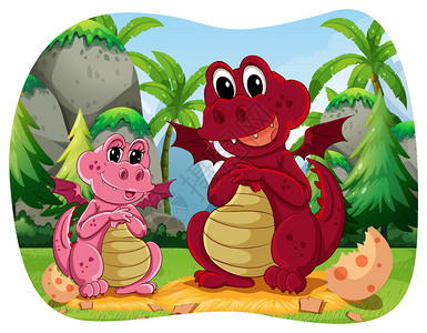 两只恐龙坐在森林里插画背景图片