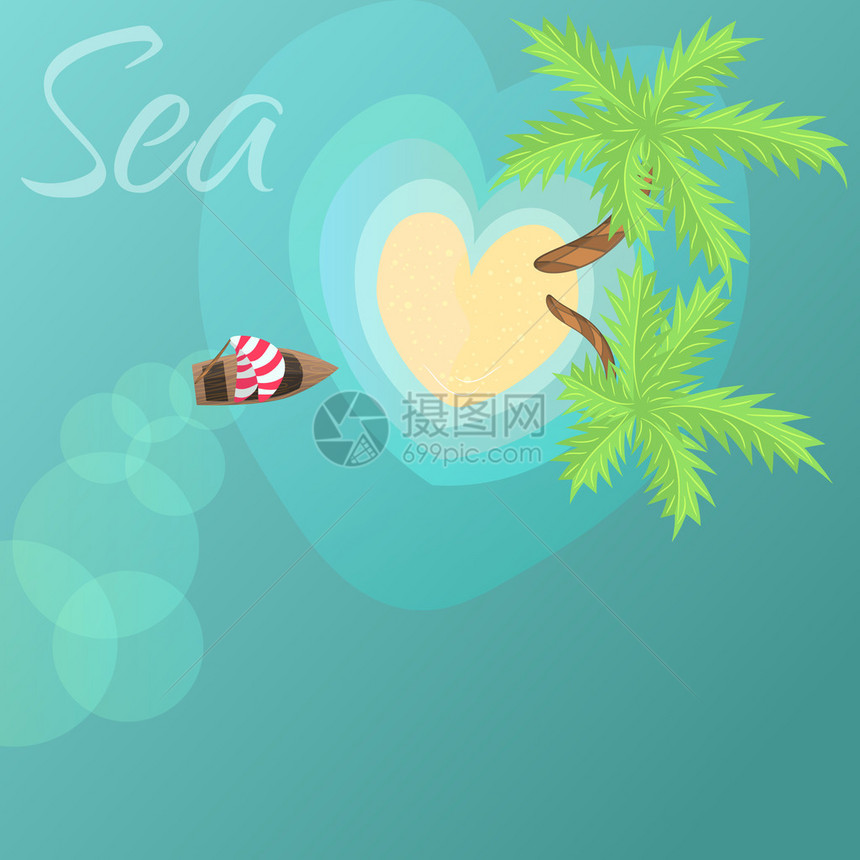 天堂岛空中观光海滩上的棕榈树和海岸附近的海洋中的船图片