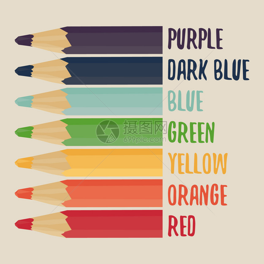 彩色铅笔套装彩虹色红色的橙黄色绿色蓝色的图片