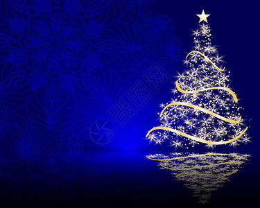 装饰蓝色曼荼罗背景上的矢量圣诞树背景图片
