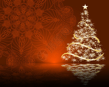装饰红色曼荼罗背景上的矢量圣诞树图片