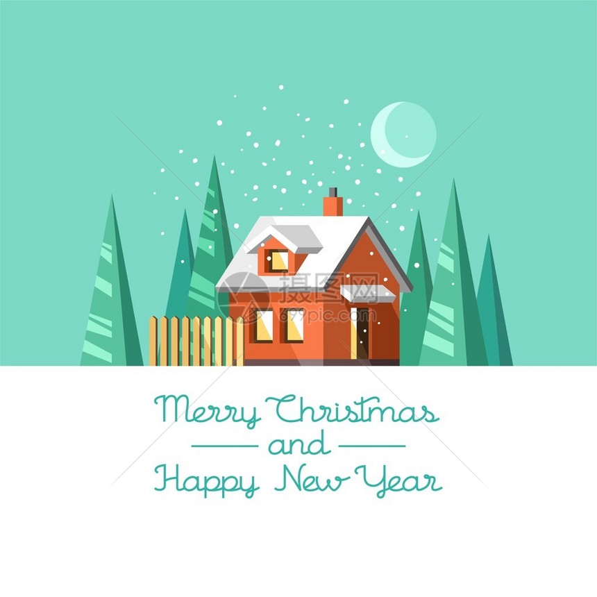 冬天的房子圣诞节和新年快乐贺卡图片