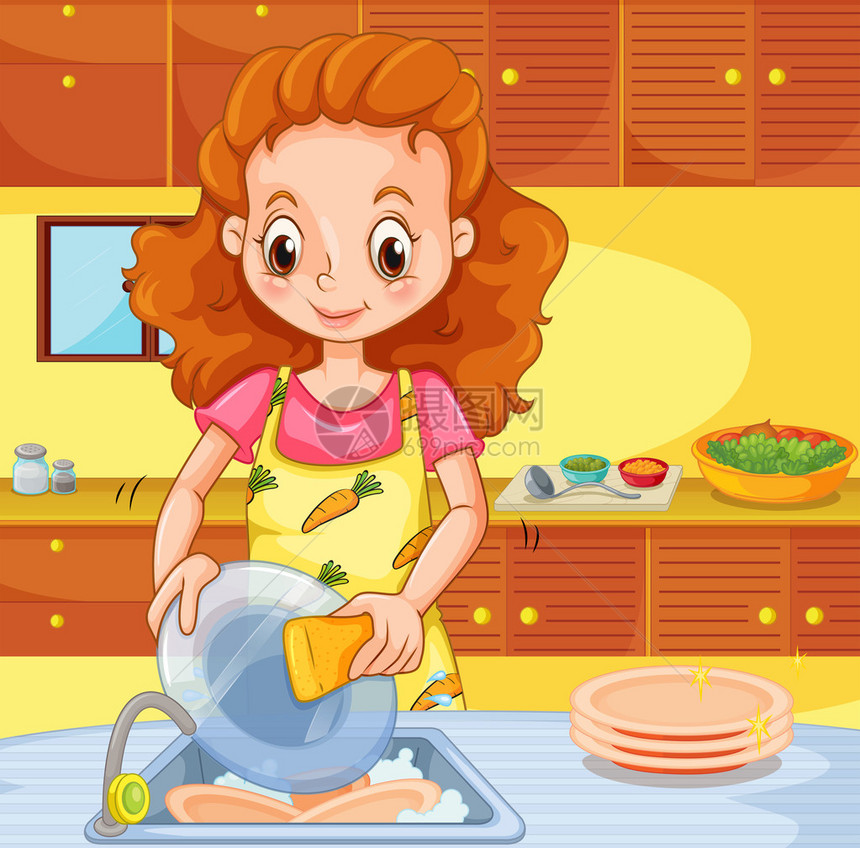 厨房插图中清洁盘子的女人图片