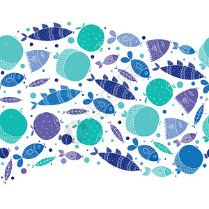 佩西蓝色的鱼矢量水平无缝模式插画