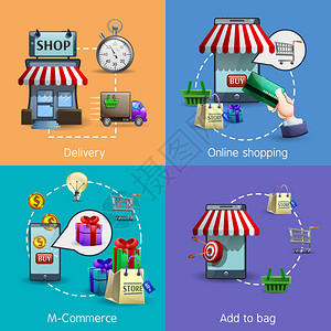 移动商务现实图标设置与在线购物和交付符图片