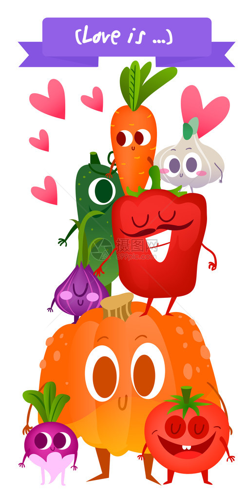 一套可爱的蔬菜插图与有趣的有趣的食物蔬菜可爱番茄洋葱大蒜南瓜甜椒100原始夏季时间图片