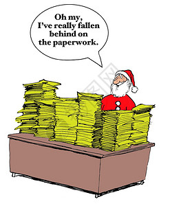 圣诞卡通片显示圣诞老人在成堆的愿望清单后面图片