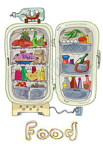 装满食物的老式冰箱矢量图图片