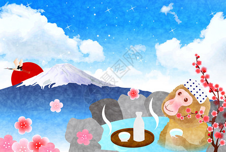 猴子富士温泉贺卡背景图片
