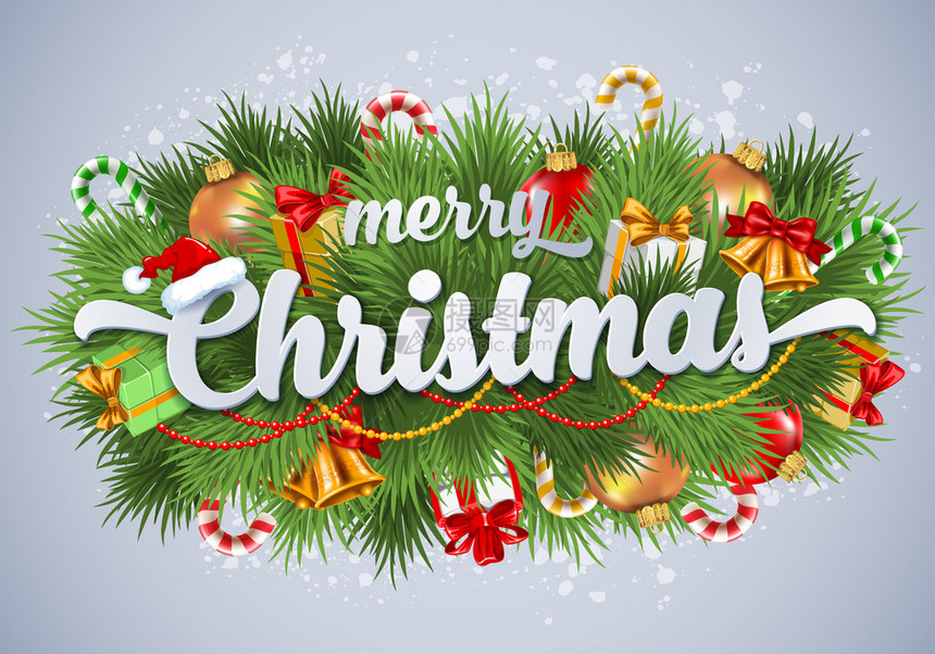圣诞快乐刻字卡与云杉树枝和不同的装饰圣诞球礼品盒和糖果图片