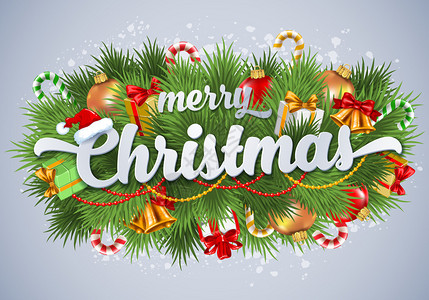 圣诞快乐刻字卡与云杉树枝和不同的装饰圣诞球礼品盒和糖果图片