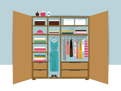 打开衣柜有整洁的衣服衬衫毛衣箱子和鞋子的木壁橱家庭内部平图片