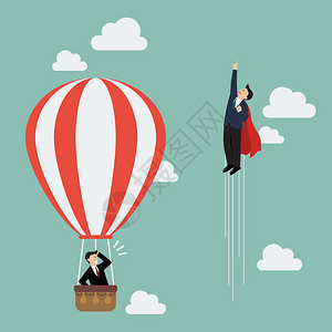 商人超级英雄在热气球中飞过商人图片