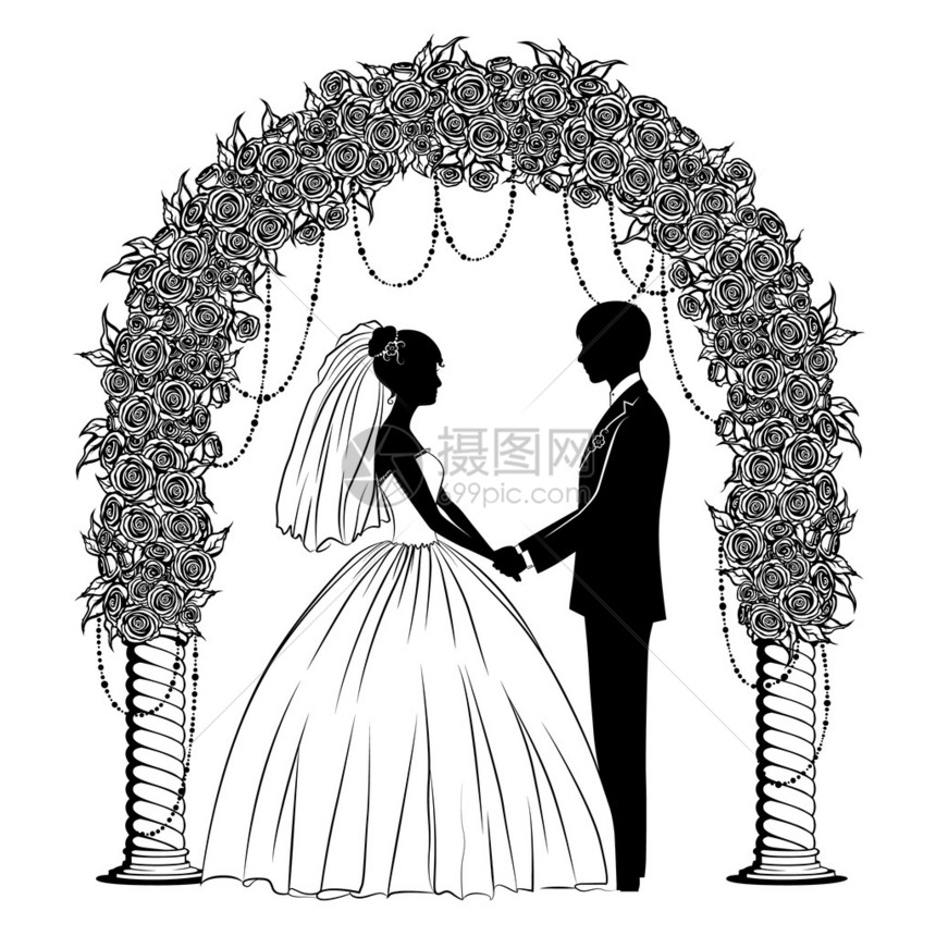 穿古典礼服的新娘和新郎的剪影图片