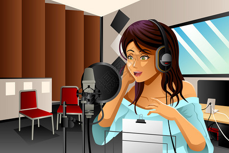 在录音室里一位女歌手在录音工作室唱插画
