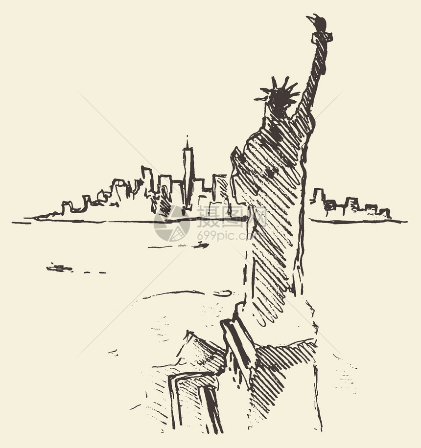 纽约市天际线与自由女神像的连线画在前矢量老式刻图片