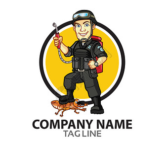 为害虫终止公司Logo在SWAT制服中穿著的害虫控制盖子装配图片