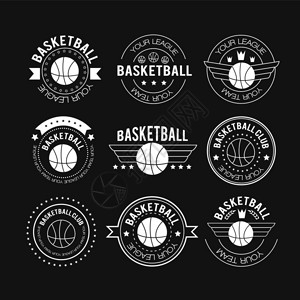 篮球用月桂花环篮球皇冠和星设置复古标志标签和标志或符号线风背景图片