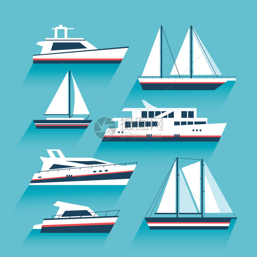 游艇一套游艇和海上运输船舶巡航游艇图标设置在现代平面样式游艇图标船和图标设置图片