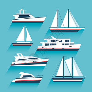 威利游艇一套游艇和海上运输船舶巡航游艇图标设置在现代平面样式游艇图标船和图标设置插画