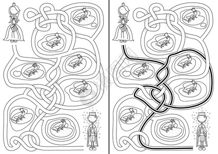 孩子们的青蛙王子迷宫有黑白解决方案背景图片