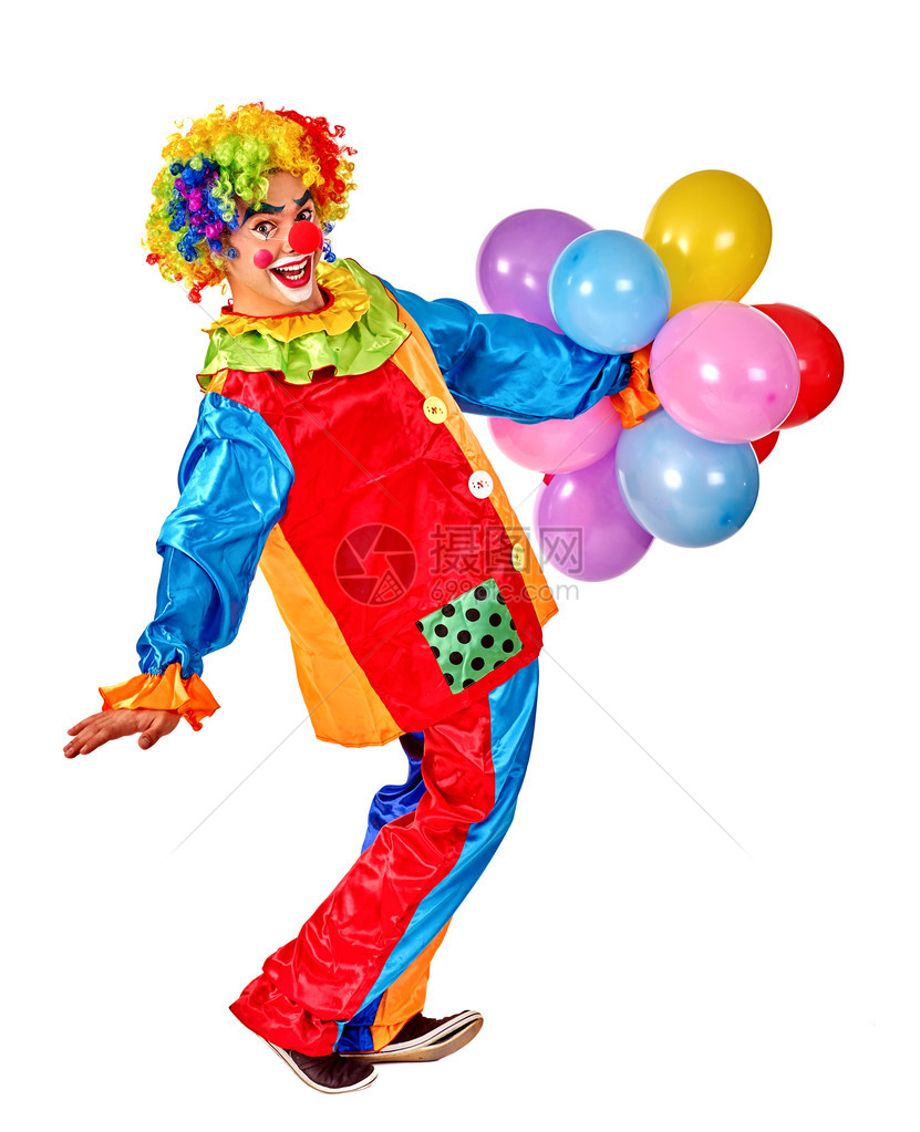 生日快乐小丑玩一堆气球孤立图片