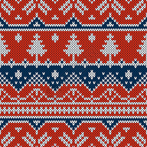 冬季无缝模式在羊毛编织的纹理上配有树的滑雪板设计矢量蓝色和红色圣诞节图片