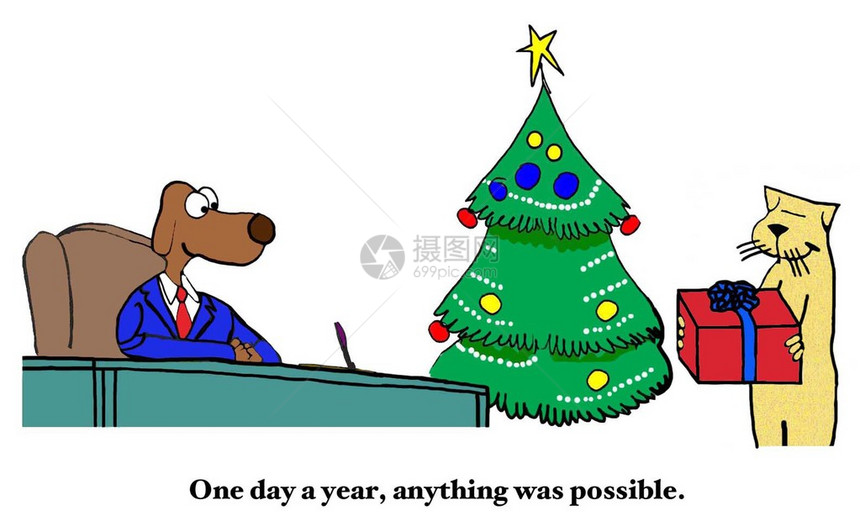 圣诞节和商务卡通显示商务猫给商务狗送圣诞礼物图片