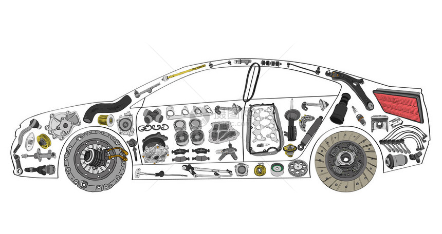 涂漆的汽车由各种零件制成图片