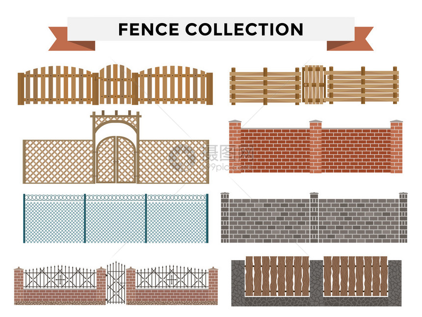 在白色背景上隔离的栅栏和大门的不同设计栅栏和大门插图栅栏和大门矢量隔离木栅栏金属栅栏石栅栏图片