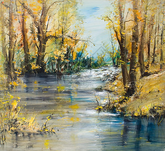 秋天森林里的河流油画图片