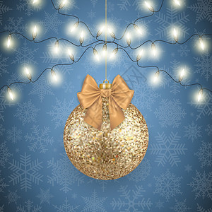 圣诞球的插图与灯光和雪花背景图片