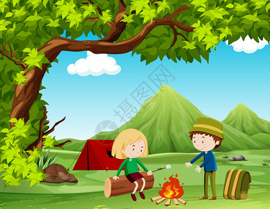 在野外露营的男孩和女孩插图图片