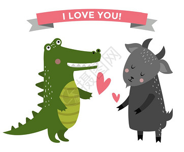 可爱的漫画动物夫妇在爱情横幅矢图片
