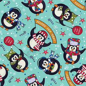 可爱的圣诞企鹅用糖果甘蔗和雪花图片