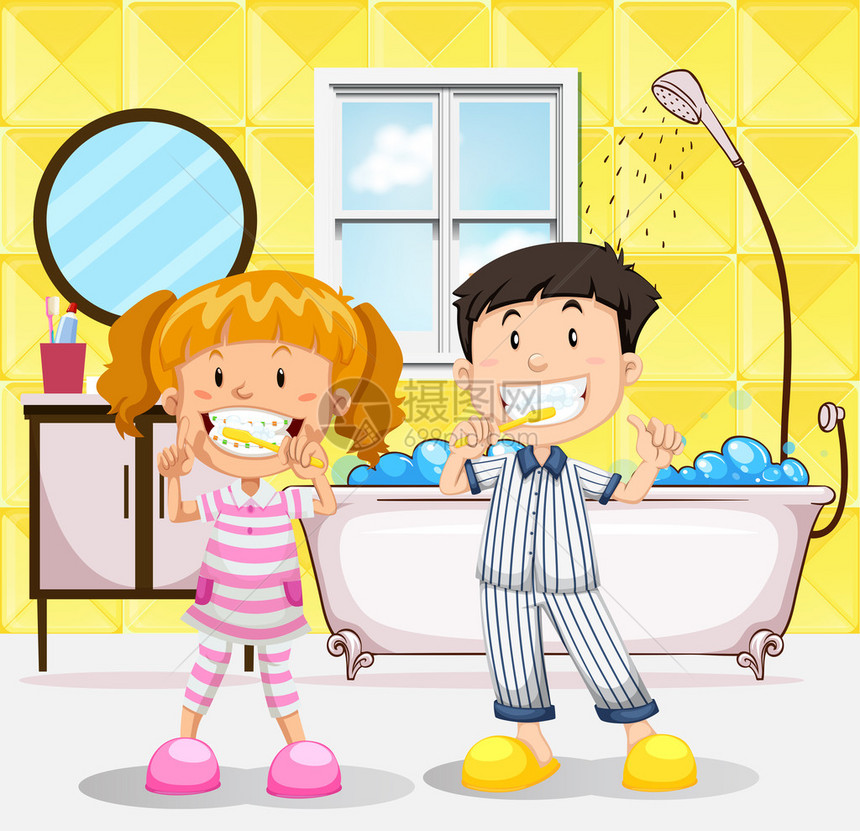 男孩和女孩在浴室插图中刷牙图片
