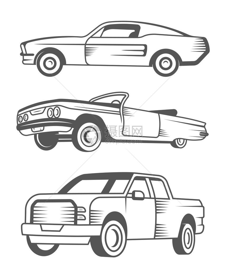 一组肌肉车老爷车和皮卡车模板图片