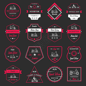 设置矢量老式摩托车和摩托车标志徽章标志图标和孤立的轮廓图片