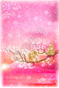 猴富士樱花新年贺卡背景图片