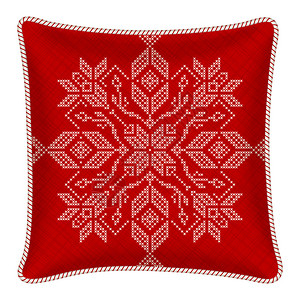 布比斯湾带有刺绣枕套的矢量枕头传统的斯堪的纳维亚圣诞装饰品彩红白雪花以交叉缝合模插画