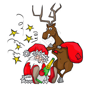 喝醉的圣诞老人睡着鹿带着一个袋子卡通风格图片