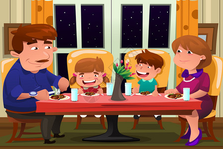 一个快乐的家庭一起吃晚餐的矢量插图图片