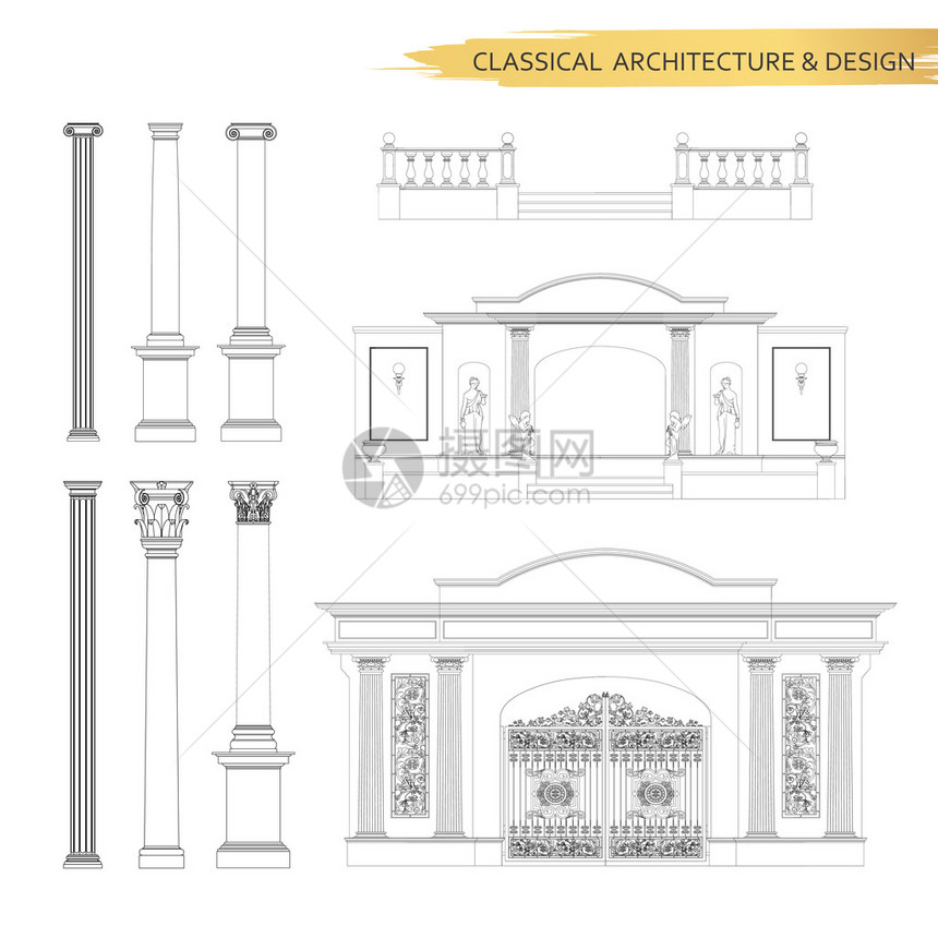 古典建筑形式图纸成套经典建筑的矢量图片