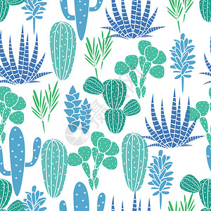 岳父岳母多肉植物仙人掌植物矢量无缝模式植物蓝色和绿色沙漠植物织印花用于墙纸窗帘桌布的花插画