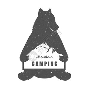 矢量图熊猎人与标志安装露营在白色背景上熊符号可用于T恤印刷徽章图片