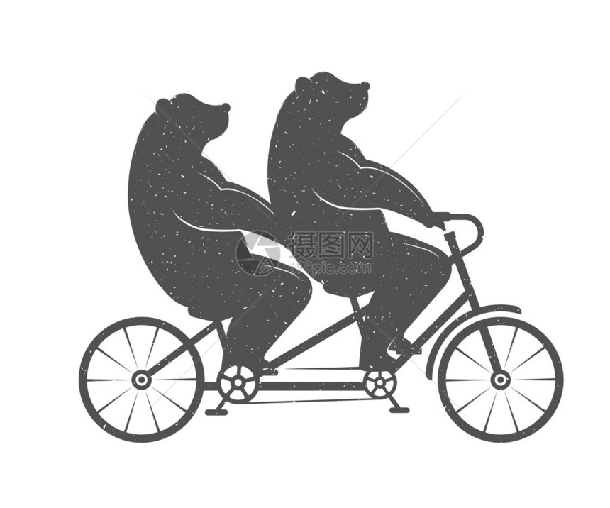 矢量图在白色背景上的双人自行车上熊符号可用于T恤印刷标签徽章图片