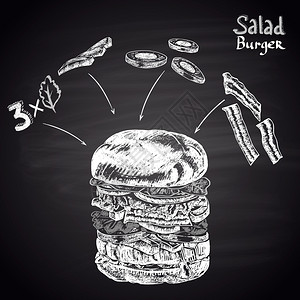 文件炸肉排黑色和白色粉笔绘制的沙拉汉堡插图插画